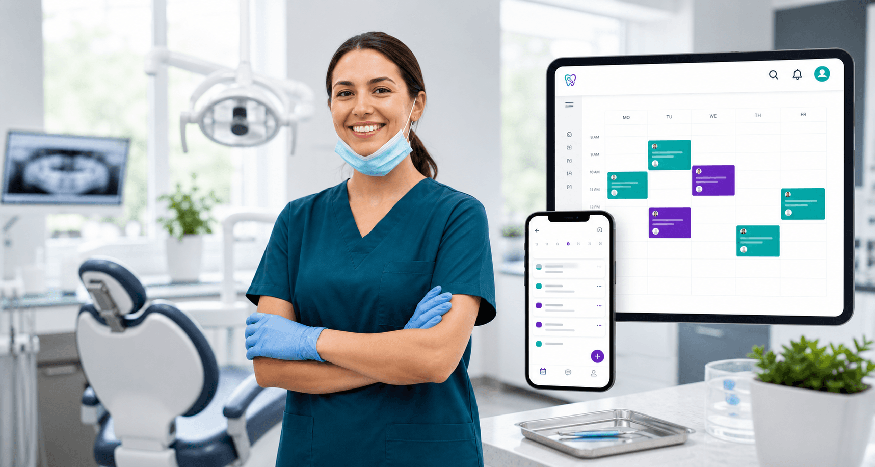 Dental hygienist in a bright clinic with ProphyLink schedule screens